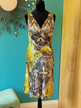 EUC! | Vintage Jacob Satin Midi Dress | Brown/Gold/Cream | Size Medium